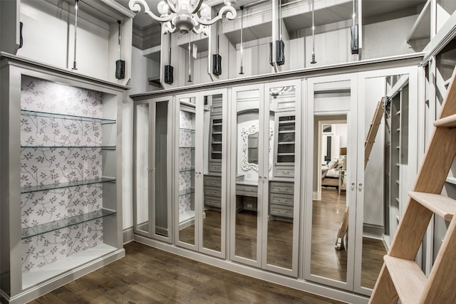 spacious closet with dark hardwood / wood-style flooring and a notable chandelier