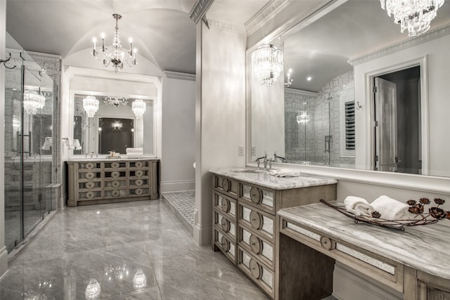 bathroom featuring an inviting chandelier, tile flooring, lofted ceiling, and an enclosed shower