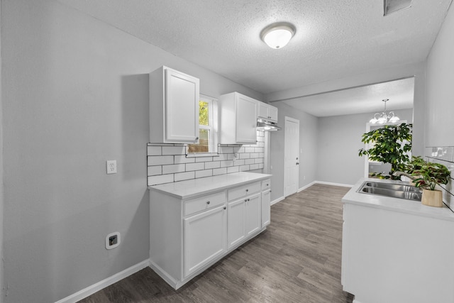 kitchen with wood-type flooring, white cabinets, and sink