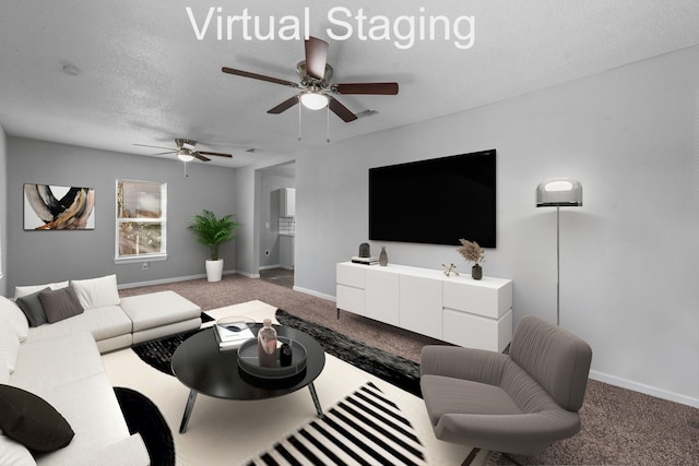 carpeted living room featuring ceiling fan and a textured ceiling