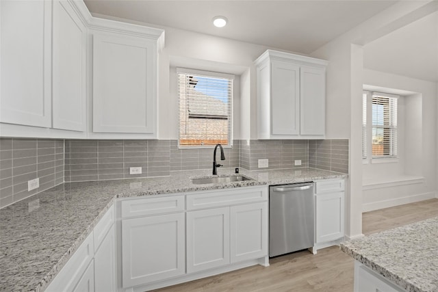 kitchen featuring white cabinets, backsplash, stainless steel dishwasher, and light hardwood / wood-style floors