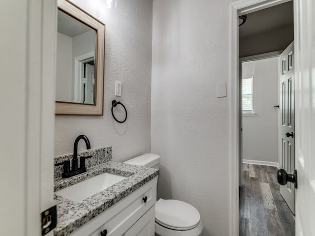 bathroom with toilet, oversized vanity, and wood-type flooring