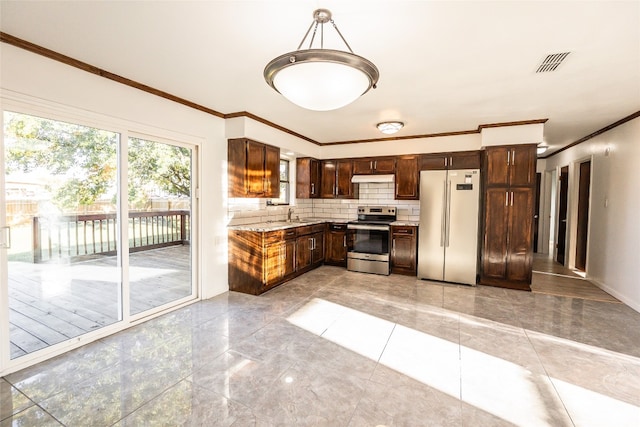 kitchen featuring hanging light fixtures, stainless steel electric range oven, light tile flooring, fridge, and tasteful backsplash