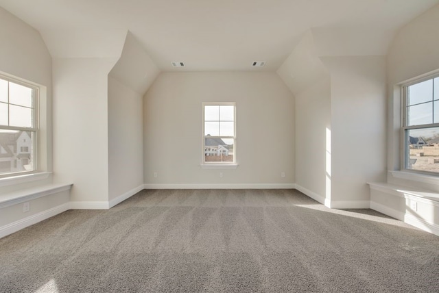 additional living space featuring lofted ceiling and light carpet