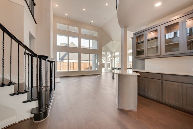 kitchen with hardwood / wood-style floors, a center island, and a towering ceiling