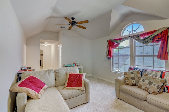 living room with vaulted ceiling, carpet floors, and ceiling fan