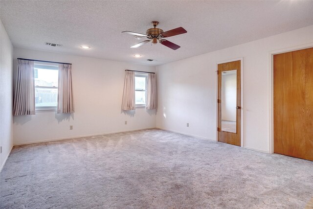 empty room featuring a wealth of natural light, carpet, a textured ceiling, and ceiling fan