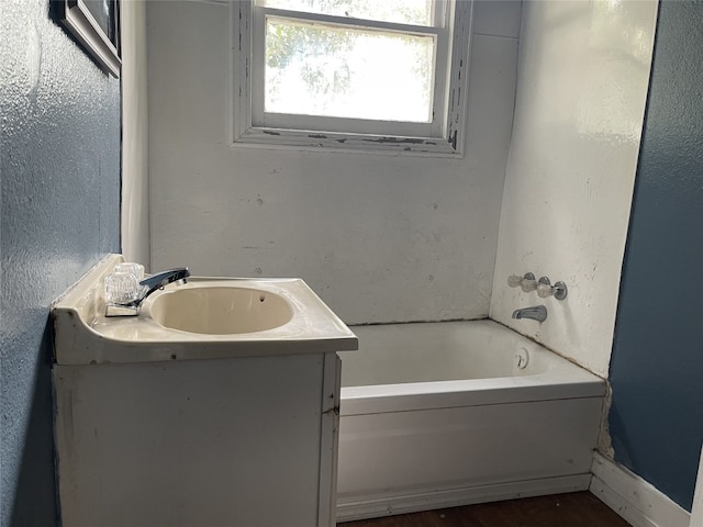 bathroom with hardwood / wood-style floors, vanity, and a bath to relax in