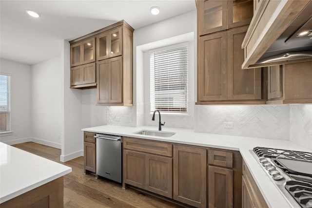 kitchen with dark hardwood / wood-style floors, custom range hood, stainless steel appliances, backsplash, and sink