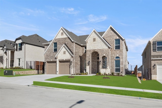 view of front of property featuring a front yard and a garage