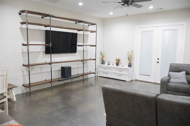 living room with french doors and ceiling fan