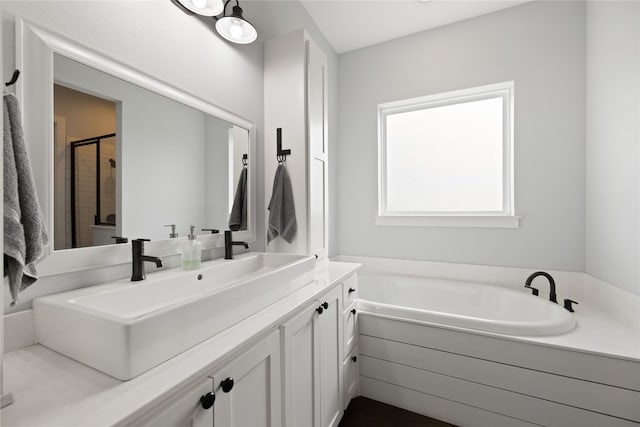 bathroom with vanity and separate shower and tub