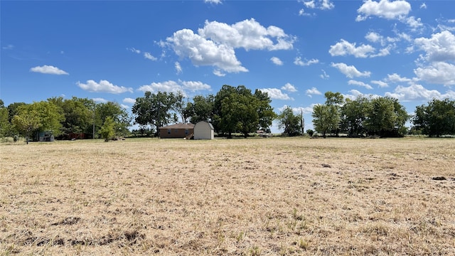 view of yard with a shed and a rural view