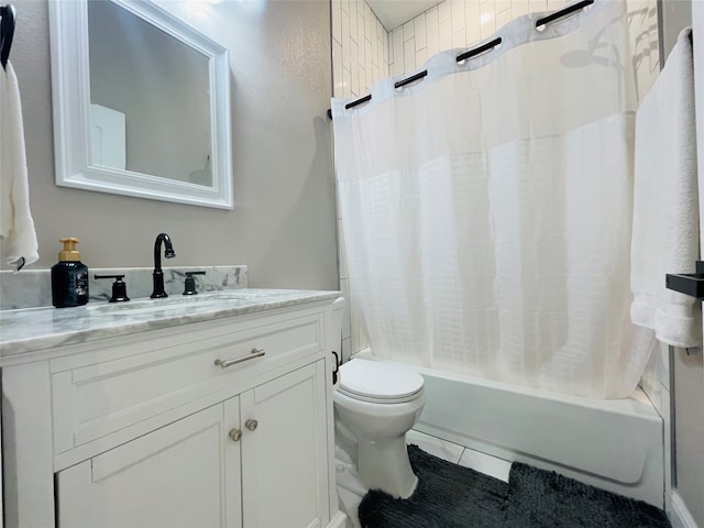 full bathroom featuring tile patterned flooring, shower / bathtub combination with curtain, toilet, and vanity