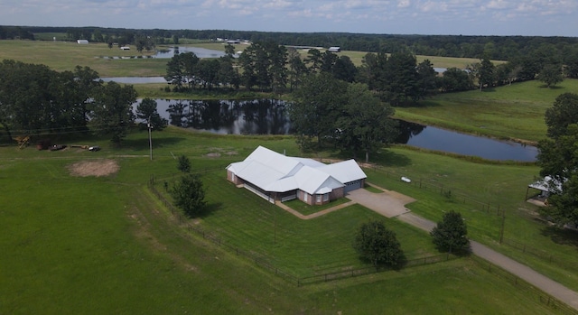 birds eye view of property featuring a rural view and a water view