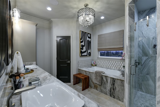 bathroom featuring plus walk in shower, crown molding, and sink