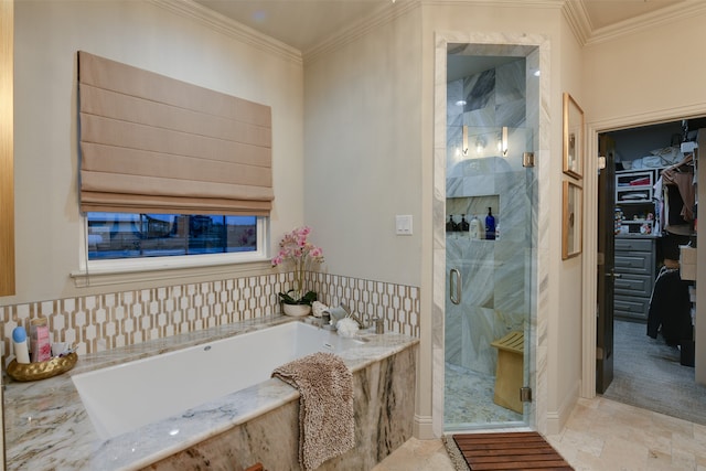 bathroom with independent shower and bath and crown molding