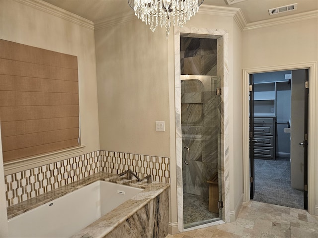 bathroom with independent shower and bath, crown molding, and a chandelier