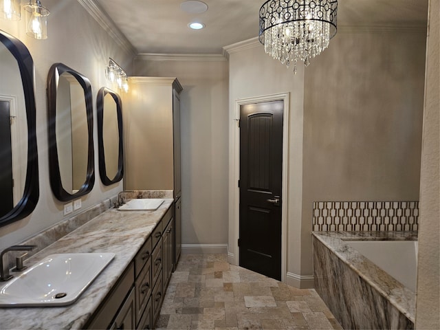 bathroom featuring tiled tub, vanity, and crown molding