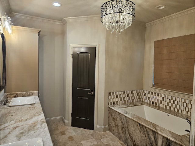 bathroom featuring vanity, a relaxing tiled tub, and crown molding