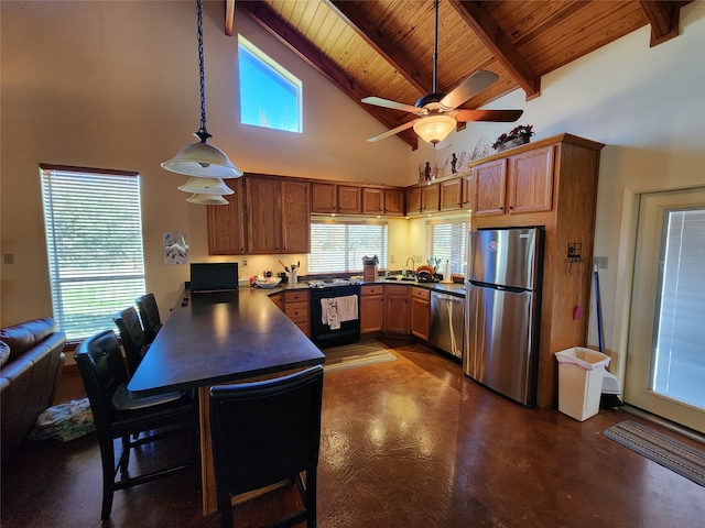 kitchen featuring hanging light fixtures, ceiling fan, high vaulted ceiling, appliances with stainless steel finishes, and sink