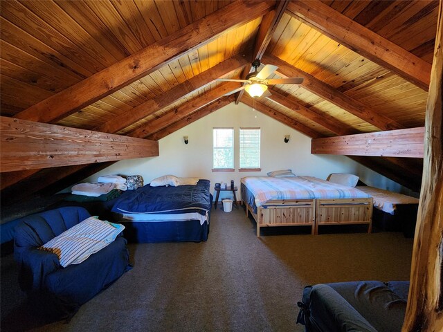 bedroom featuring vaulted ceiling with beams, carpet, ceiling fan, and wood ceiling