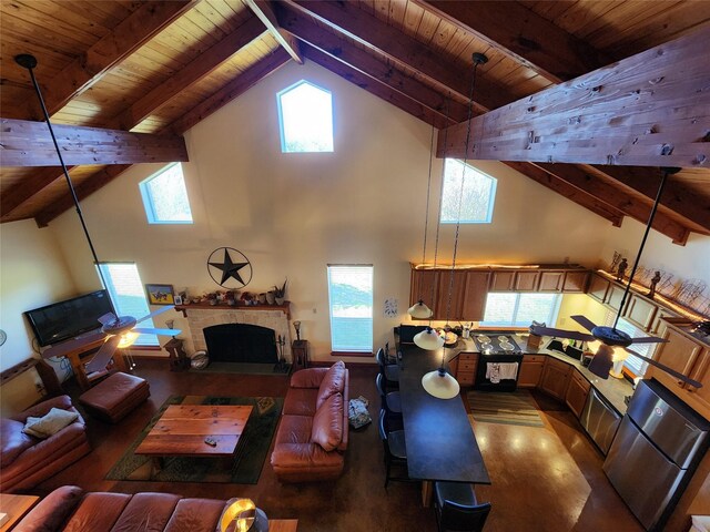 living room with high vaulted ceiling, plenty of natural light, a fireplace, and wood ceiling