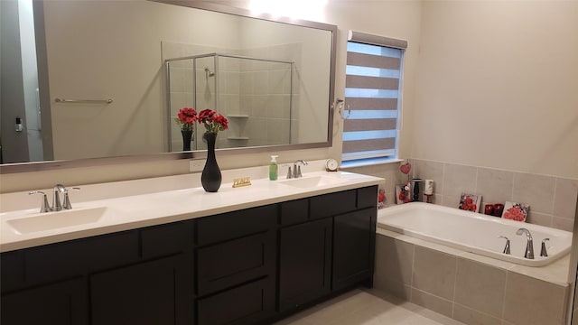 bathroom with vanity and plus walk in shower