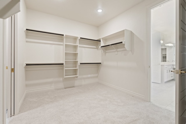 walk in closet with light colored carpet