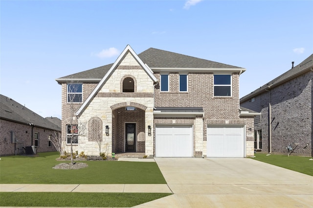 view of front of property with cooling unit, a garage, and a front lawn