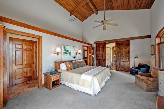 carpeted bedroom featuring ceiling fan, high vaulted ceiling, and wooden ceiling