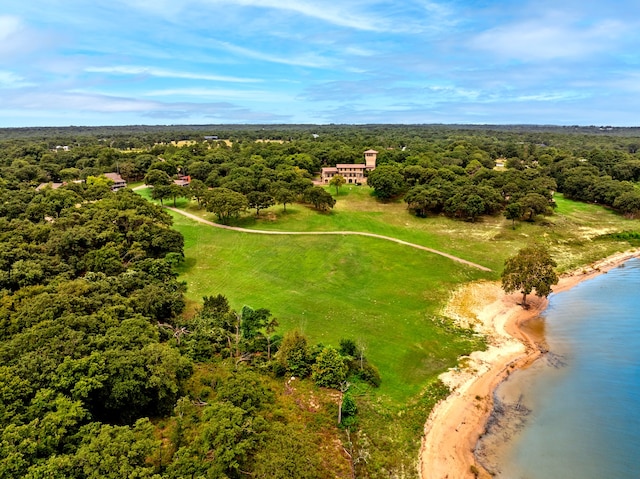 aerial view with a water view and a beach view