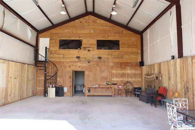 garage with wood walls