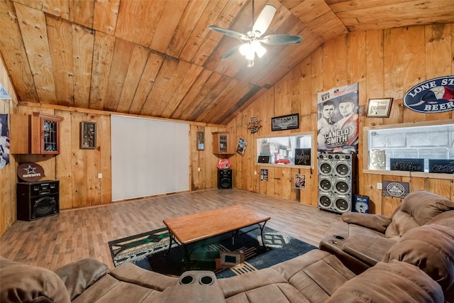 living room with wooden walls and ceiling fan