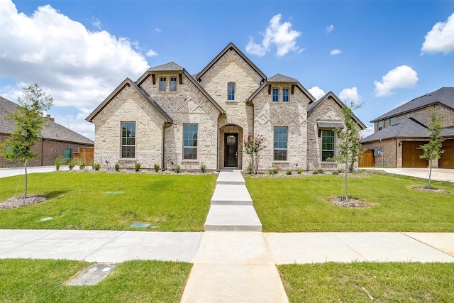 french country home with a front lawn