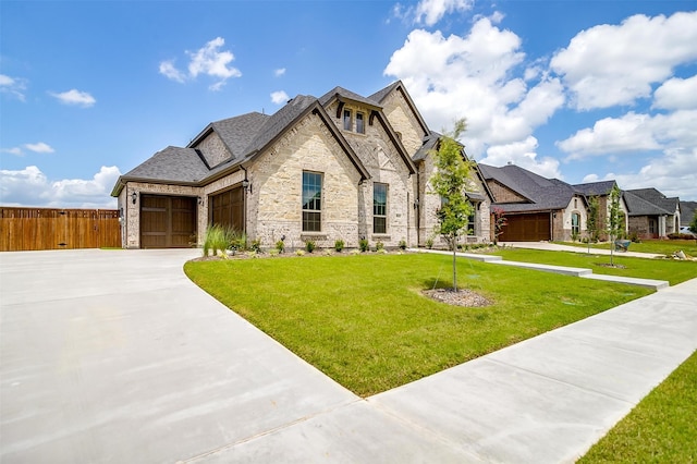 french provincial home featuring a garage and a front lawn