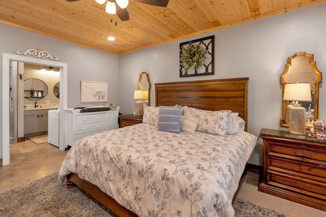 bedroom with ceiling fan, connected bathroom, sink, and wooden ceiling