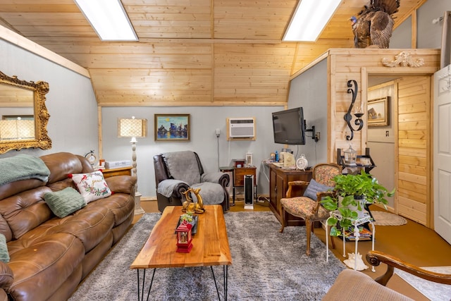 living room featuring lofted ceiling with skylight, a wall unit AC, and wooden ceiling