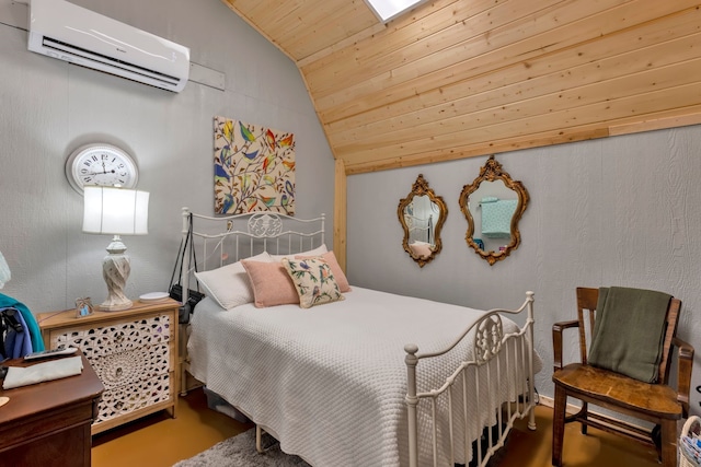 bedroom featuring lofted ceiling, a wall mounted air conditioner, and wooden ceiling