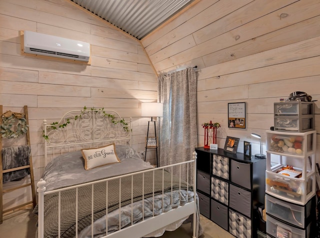 bedroom featuring lofted ceiling, wooden walls, and a wall mounted air conditioner