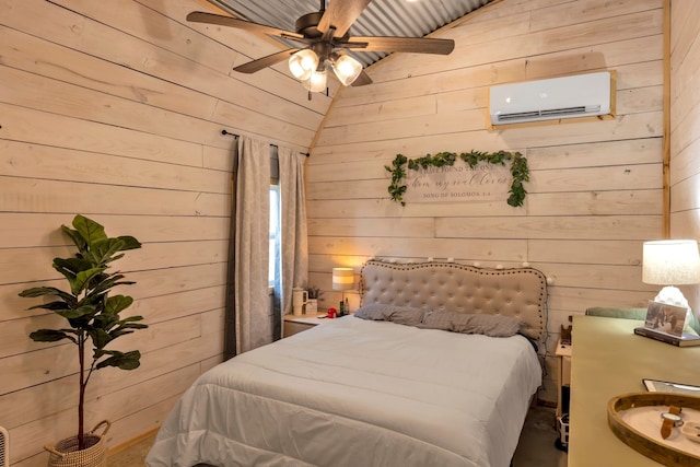 bedroom featuring lofted ceiling, wood walls, a wall unit AC, and ceiling fan