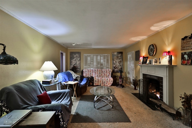 carpeted living room featuring crown molding and a tile fireplace