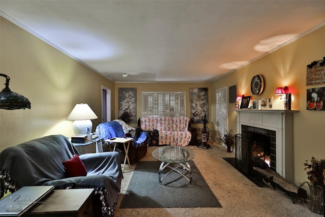 living area with a fireplace, crown molding, and carpet flooring