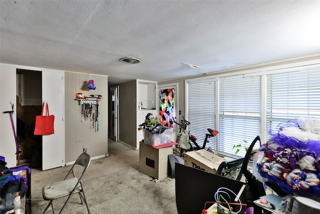 carpeted bedroom with a textured ceiling