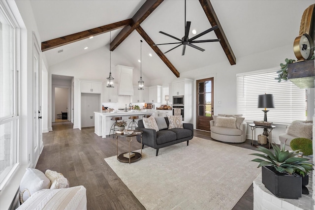 living room featuring high vaulted ceiling, beamed ceiling, sink, dark hardwood / wood-style flooring, and ceiling fan