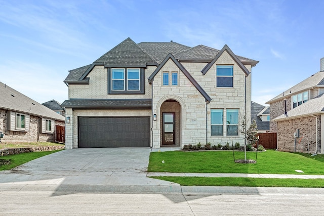 view of front facade featuring a front lawn and a garage