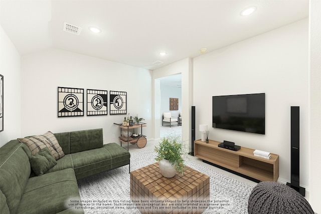 carpeted living room with vaulted ceiling