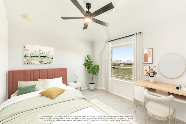 bedroom with light colored carpet and ceiling fan