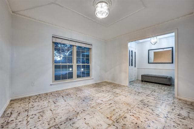 empty room featuring tile floors and a chandelier