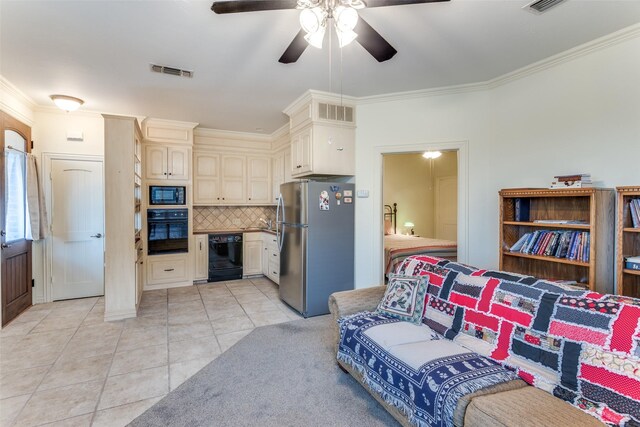 tiled living room with ceiling fan and crown molding